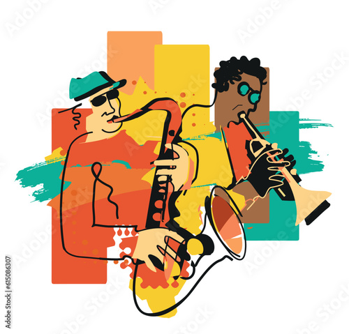 Jazz theme, trumpet player and saxophonist. 
Expressive colorful Illustration of two jazz musicians. Isolated on white background. Vector available.