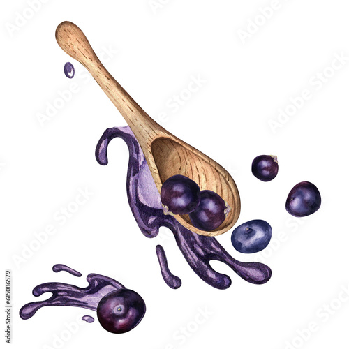 Acai berries in wooden spoon and juice splash watercolor illustration isolated on white. Exotic amazon small purple berries levitation hand drawn. Design element for packaging, cookbook, recipe