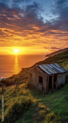 dawn sunrise over abandoned cabin on a cliffside