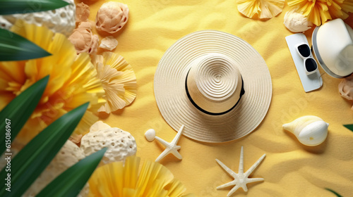 Flat lay Top view beach accessories on white sand hat sunglasses seashells and monstera leaf