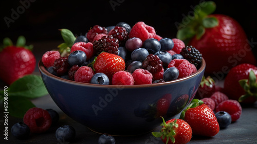 A bowl of vibrant mixed berries, including strawberries, blueberries, and raspberries