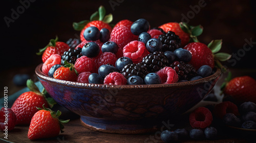 A bowl of vibrant mixed berries  including strawberries  blueberries  and raspberries