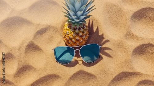 Flatly top view halved pineapple and a sunglass kept on the sand with copy space text beach accessories