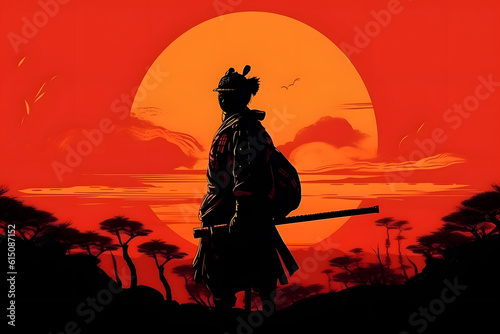 Samurai silhouette at sunset. Generative AI