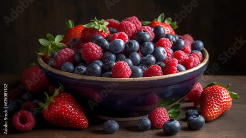 A bowl of vibrant mixed berries  including strawberries  blueberries  and raspberries