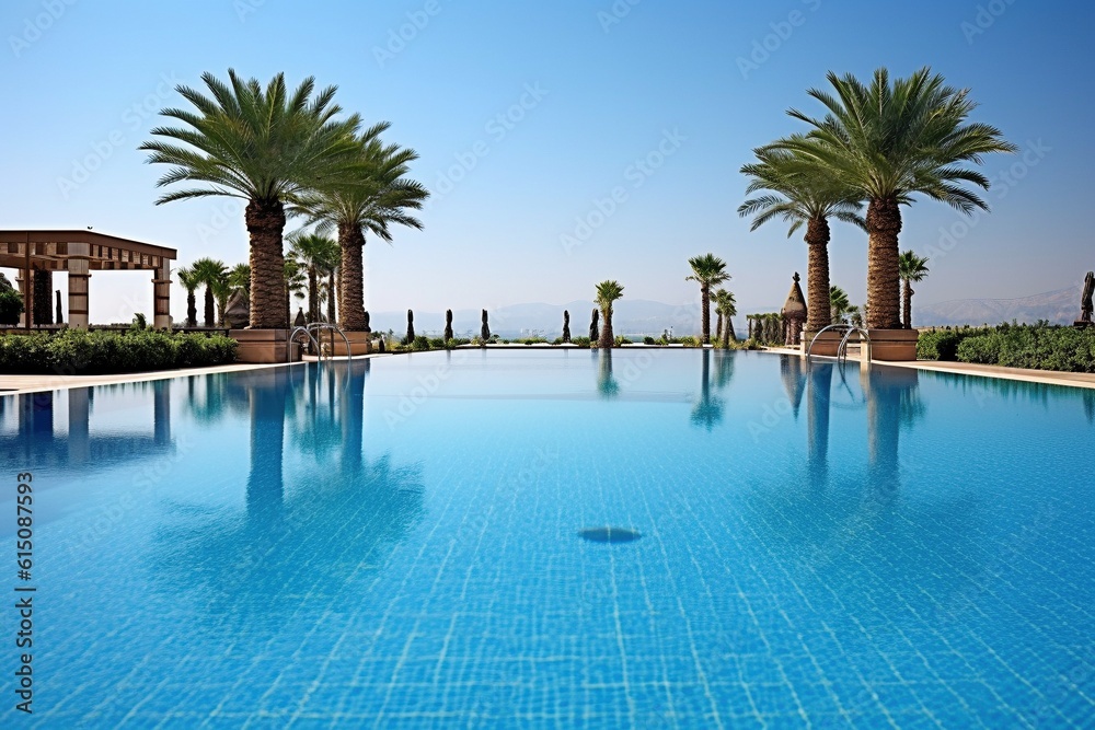 Beautiful Resort Swimming Pool with Crystal Blue Water, Palm Trees, and Umbrellas