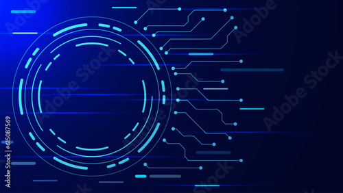 Abstract futuristic technology with hud and electronic circuit board. Digital big data visualization, network connection and communication technology background.