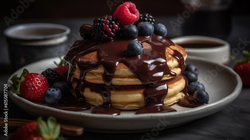 A stack of fluffy pancakes topped with a generous drizzle of chocolate sauce and fresh berries