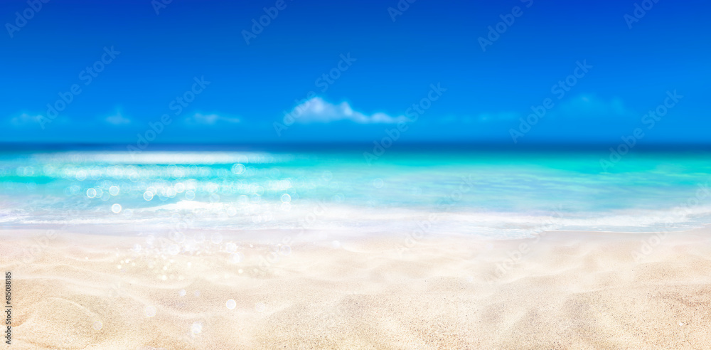 Tropical Sand With Blue Sea - Beach Summer Defocused Background With Glittering Of Sunights