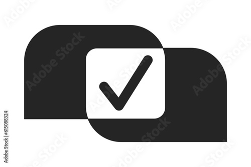 Speech bubbles intersection with check mark flat monochrome isolated vector icon. Agreement. Editable black and white line art drawing. Simple outline spot illustration for web graphic design