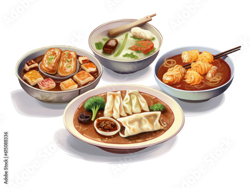 illustration of 4 dishes of traditional Asian origin without background Png