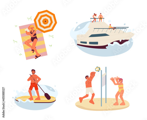 Enjoy summer break flat vector spot illustration set. 2D cartoon characters on white for web UI design. Volleyball sand. Reading book beach. Yacht party isolated editable creative hero image pack