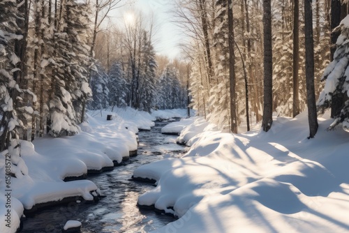 River in the winter forest background