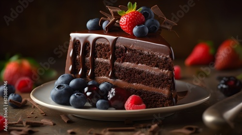 a Mouth Watering Slice of Chocolate Cake. Created with Generative AI Technology