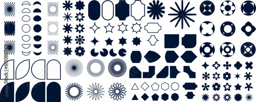 Brutalist abstract geometric shapes and grids. Brutal contemporary figure star oval spiral flower and other primitive elements. Swiss design aesthetic.