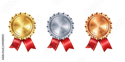 Realistic Collection of gold, silver, and bronze award medals with red ribbon rosettes and engraved winner cup. Vector set. Premium badges for winners and achievements.