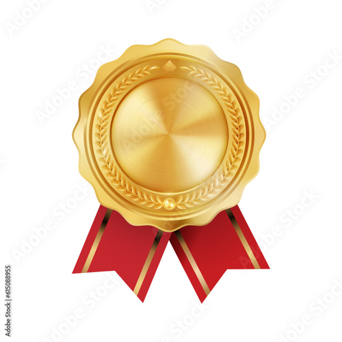 Shiny realistic empty gold award medal with red ribbon rosettes on white background. Symbol of winners and achievements.