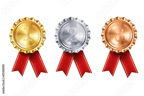 Realistic Collection of gold, silver, and bronze award medals with red ribbon rosettes and engraved numbers. Vector set. Premium badges for winners and achievements