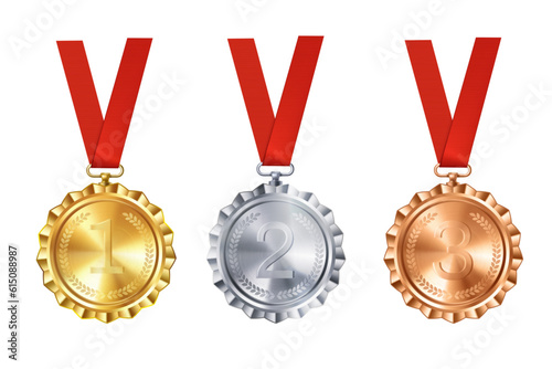 Realistic set of golden, silver, and bronze medals on red ribbons. Sports competition awards for 1st, 2nd, and 3rd place. Championship rewards for achievements and victories.