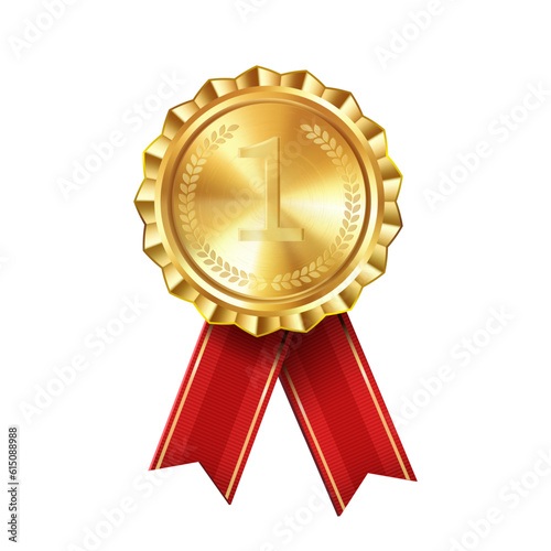 Realistic gold award medal with red ribbons engraved number one. Premium badge for winners and achievements photo