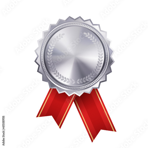 ribbon, award, silver, badge, rosette, empty, medal, red, champion, label, achievement, glossy, best, prize, success, quality, seal, realistic, certificate, competition, decoration, emblem, guarantee,