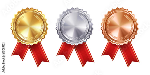 Shiny gold, silver, and bronze award medals with red ribbon rosettes. Vector collection on white background. symbol of winners and achievements