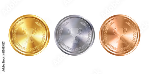 Gold, silver, and bronze cup shaped medals with engraved details. Perfect for honoring achievements and recognizing excellence.