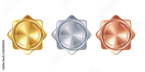 Blank medal templates in gold, silver, and bronze. Versatile designs for custom awards and creative projects
