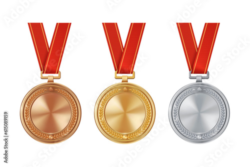 Set of realistic gold, silver, and bronze empty medals on red ribbons. Sports competition awards for 1st, 2nd, and 3rd place. Championship rewards for victories and achievements