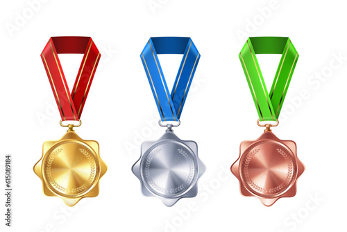 Set of realistic gold, silver, and bronze empty medals on colorful ribbons. Sports competition awards for 1st, 2nd, and 3rd place. Championship rewards for victories and achievements