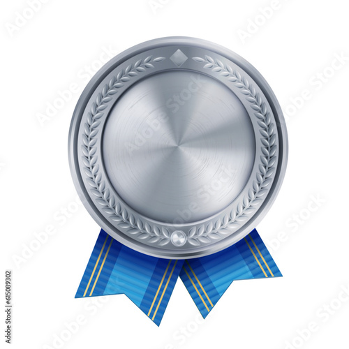 Shiny realistic empty silver award medal with blue ribbons on white background. Symbol of winners and achievements.