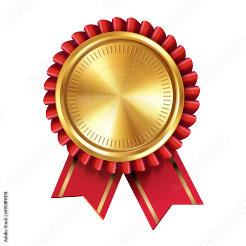Shiny realistic empty gold award medal with red ribbon rosettes on white background. Symbol of winners and achievements.