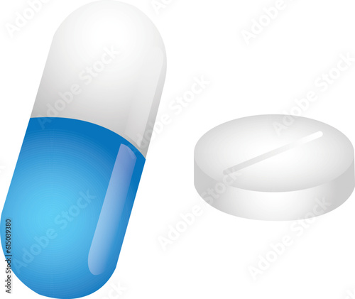 Pharmaceutical pills and vitamins on white background.
