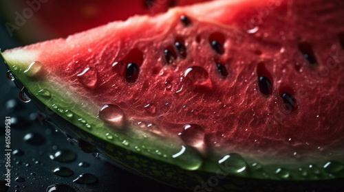 A close-up of a juicy watermelon slice, glistening with droplets of water