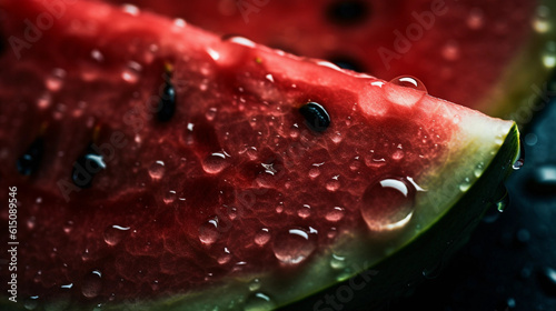 A close-up of a juicy watermelon slice  glistening with droplets of water