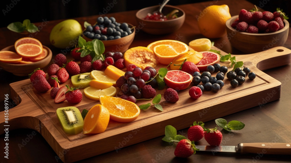 A wooden cutting board with a variety of colorful and freshly sliced fruits A wooden cutting board with a variety of colorful and freshly sliced fruits