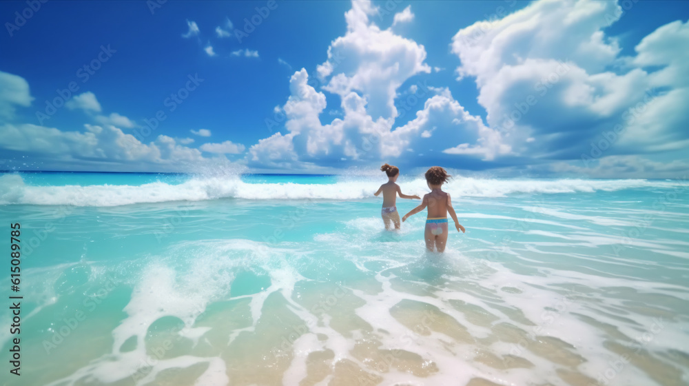 Kids playing with sand in beach scene waves surf with amazing blue ocean sea island Summer concept