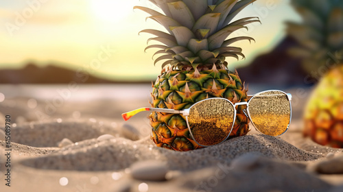 Beach accessories halved pineapple and a sunglass kept on the sand with copy space text  photo