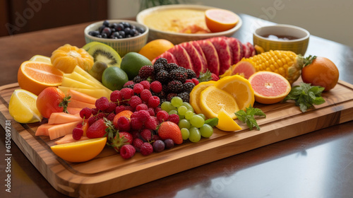 A wooden cutting board with a variety of colorful and freshly sliced fruits