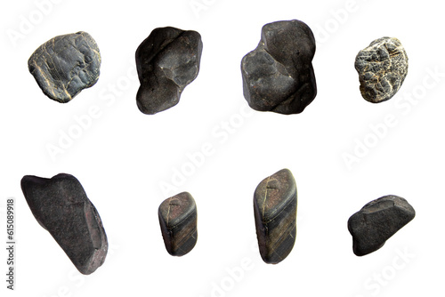 Tableau sur toile Group Set Black Stones isolated on white background / Top View 3D stone isolated