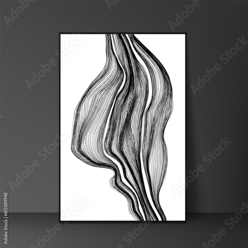 Black and white geometric interior artwork. The artwork has a modern and abstract style that creates contrast and balance.