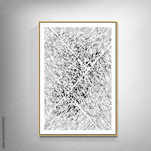 Black and white geometric interior artwork. The artwork has a modern and abstract style that creates contrast and balance.