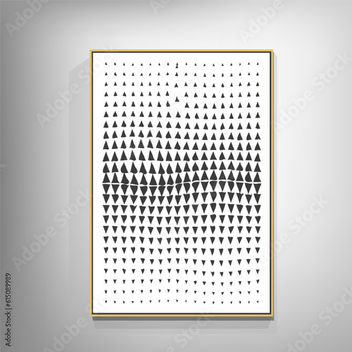 Black and white geometric interior artwork. The artwork has a modern and abstract style that creates contrast and balance.