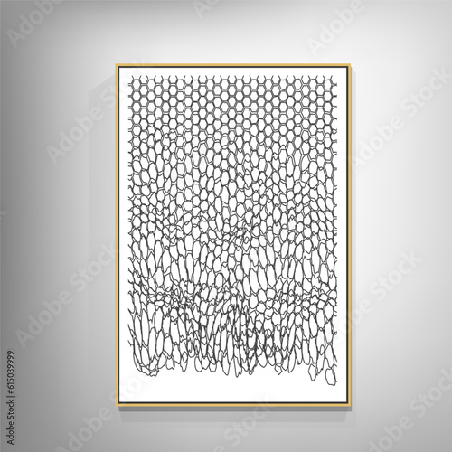 Black and white geometric interior artwork. The artwork has a modern and abstract style that creates contrast and balance.
