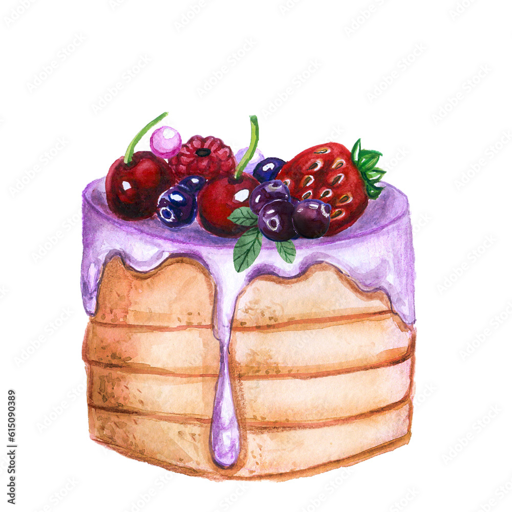 Watercolor cake illustration ,hand draw food sketch for different ...