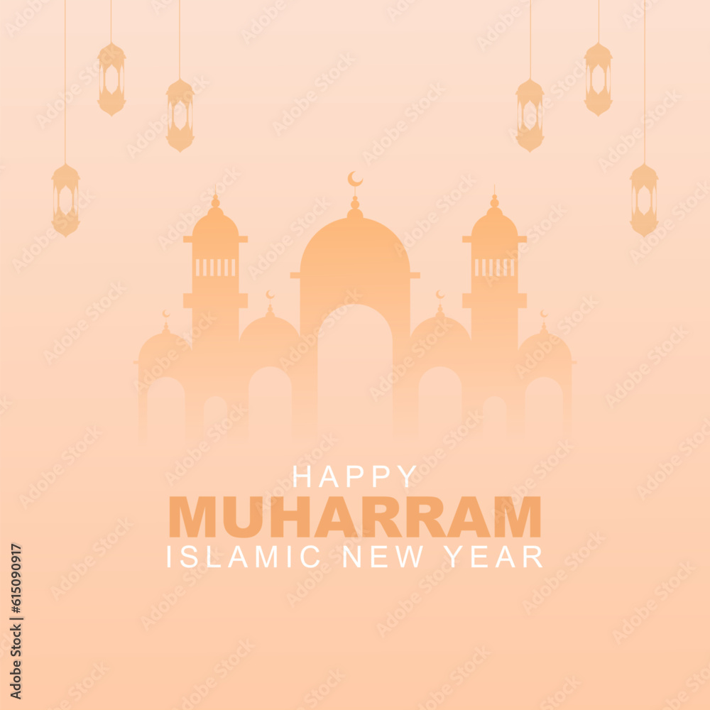 Happy Islamic new year, greeting card poster and social media post design decorated with lanterns and mosques