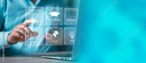 Concept of Online education. E learning technology concept. Online education, webinar, online courses. machine learning enhance personalised learning. Digital training to employee, compliance.