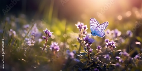 Purple butterfly on wild white violet flowers in grass in rays of sunlight, macro. Spring summer fresh artistic image of beauty morning nature. Selective soft focus. Generative AI.