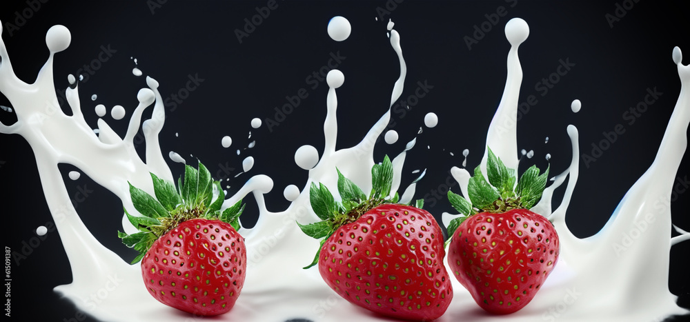 Strawberry milk splashing with strawberry isolated on Black background. Strawberry falling into pink milk or yogurt creamy liquid drink splash. Milky splash with strawberries against black. Close up Strawberry milk splashing with strawberry isolated on Black background. Strawberry falling into pink milk or yogurt creamy liquid drink splash. Milky splash with strawberries against black. Close up
