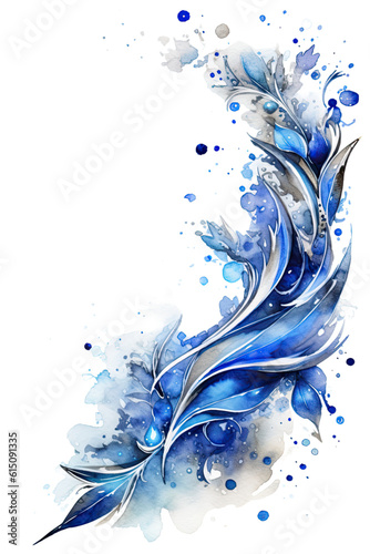 sapphire and silver swashes, watercolor paint abstract border frame for design layout, isolated on a transparent background, generative ai